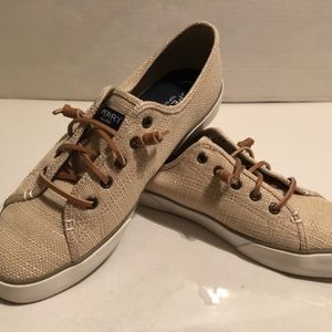 Tan canvas slip on's with memory foam